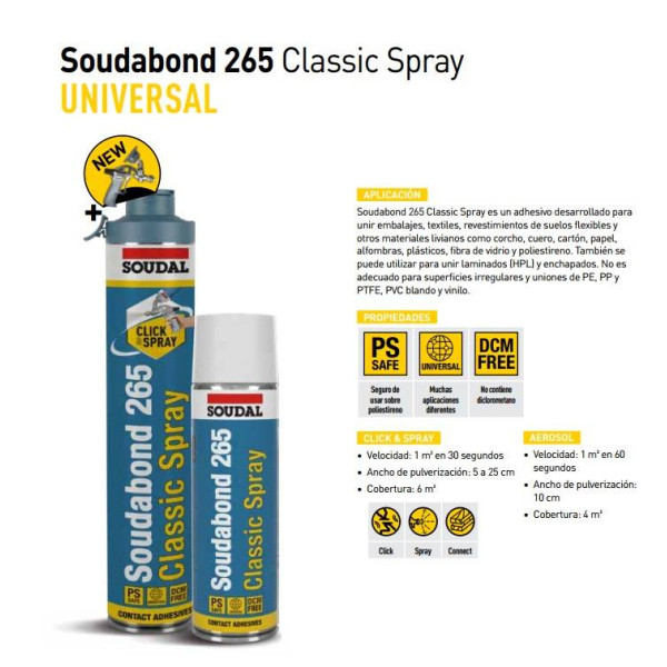 Kit cola de contacto pulverizable Soudal Click & Spray 265 profesional
